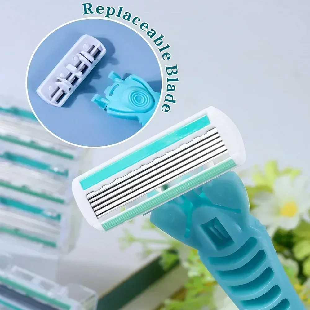 여성용 수동 안전 면도기, 6 레이어 스테인레스 스틸 제모 면도날, 교체 가능한 면도기 헤드, 핸들 1 개, 블레이드 12 개