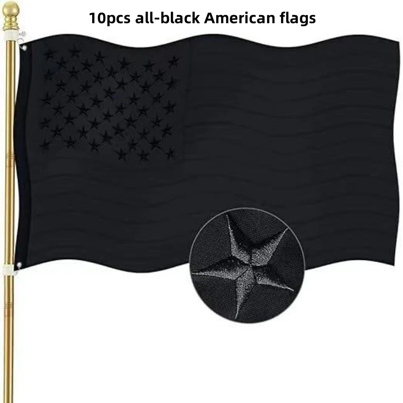 10pcs 3x5FT all black American flag decoration, double sewn flying wings, canvas head not ending, embroidery style