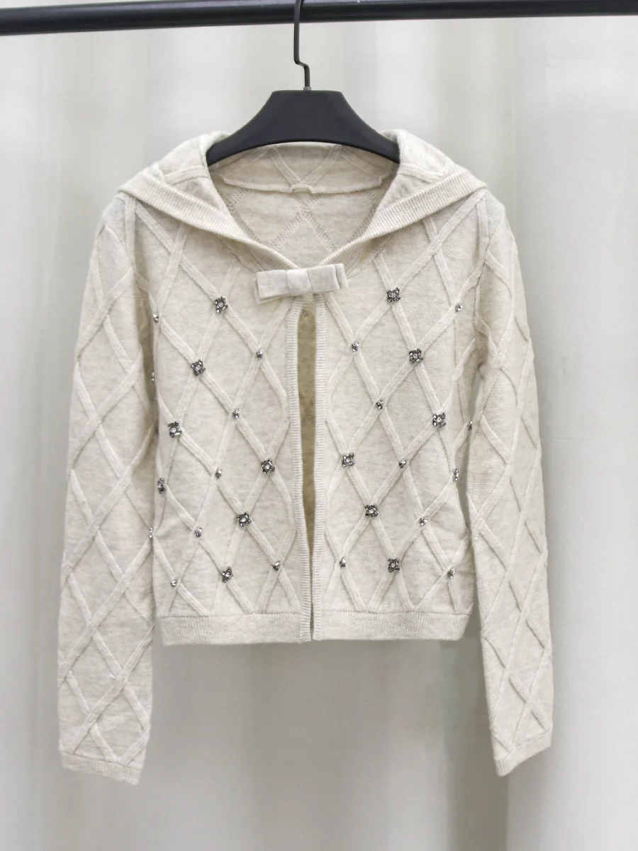 

Retro Diamond Knitted Open Cardigan Sweet Heart Knot Design Turn-down Collar Woolen Sweater Coat for Women Warmth Assurance