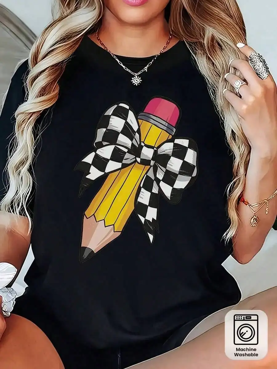 Women's Teacher Pencil Print Graphic Tee, Casual Summer Tops For Teachers & Moms