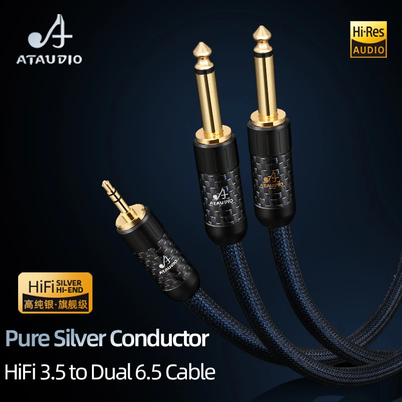 ATAUDIO HiFi 3.5mm to Dual 6.5mm Audio  Cable New Upgrade Pure Silve Core 3.5 Jack to Dual 6.5 TS Jack Cable for Phone Mixer