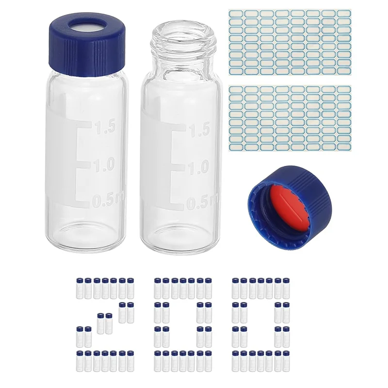 A13E-Sample Storage Vials 200Pcs 2Ml Auto-Sampler Clear Screw Cap Pre-Slit Septa HPLC/GC Vials 9- 425 Lab Kit