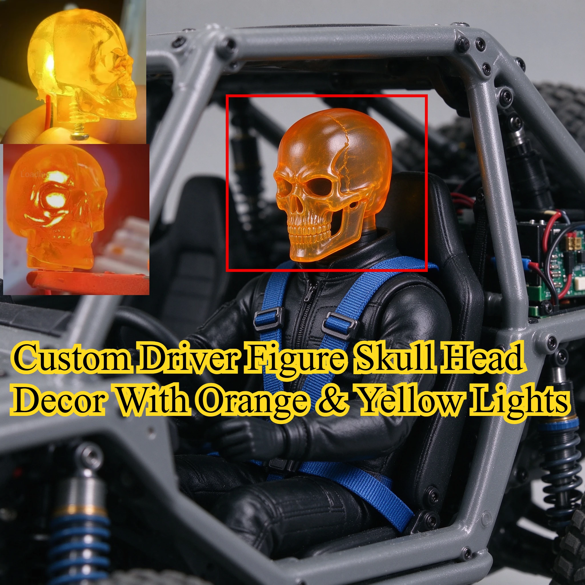 Upgrade RC Crawler Skull Head Driver Figure Decor With Orange Yellow Lighting For 1/10 VP H10 custom size Replacement parts