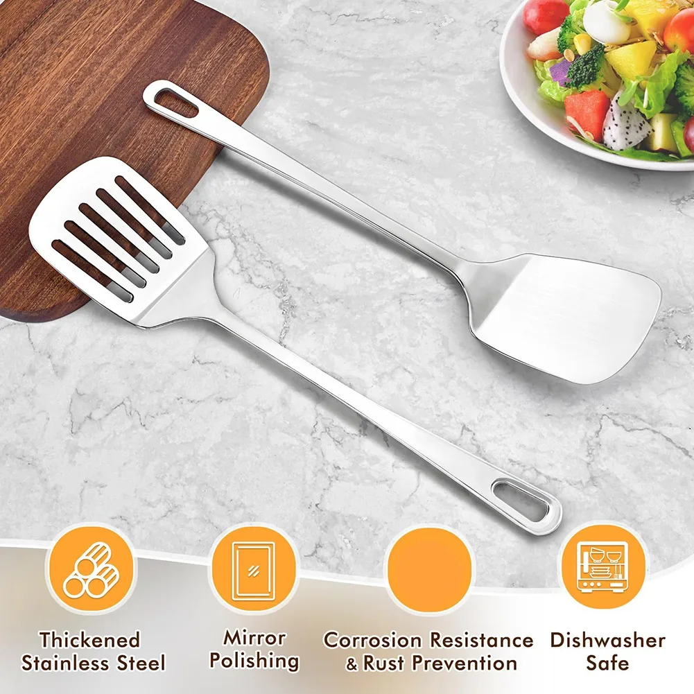 A95G Stainless Steel Spatulas Set, Metal Spatula Solid Slotted Turner, Heavy Duty Sturdy Spatula for Kitchen Use