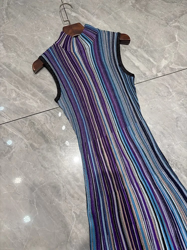 Vestido longo de malha de lã de alta qualidade, linha dourada, listras, bloco de cores, ajuste fino ao tornozelo, meia gola alta, camada de base, vestido feminino