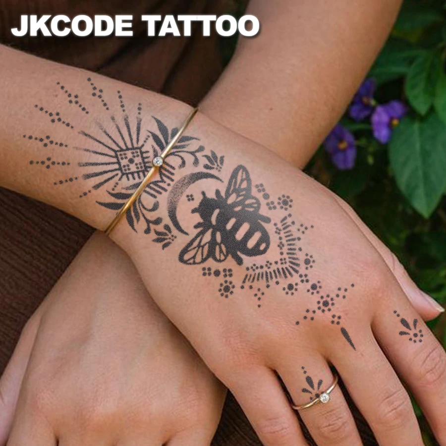 

Waterproof Mehndi Design Semi-Permanent Tattoos, Hands, Forest-Themed Henna Tattoo Bee Minimal Tattoo - Herbal Tattoo Stickers Ins Style - Cute Tattoo Fashion Girl Accessories Women's Finger Hand Neck Tattoo Long-Lasting Waterproof for 15 Days