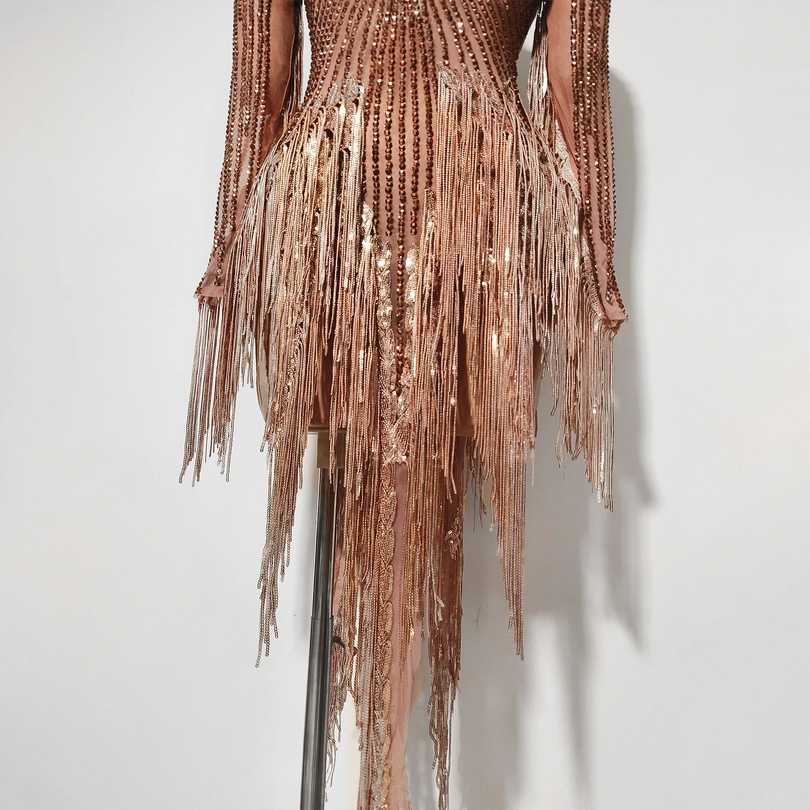 New Golden Rhinestones Sequins Tassels Long Sleeve Mesh See Through Bodycon Mid-calf Dress Birthday Fashion Celebrate Stage Wear