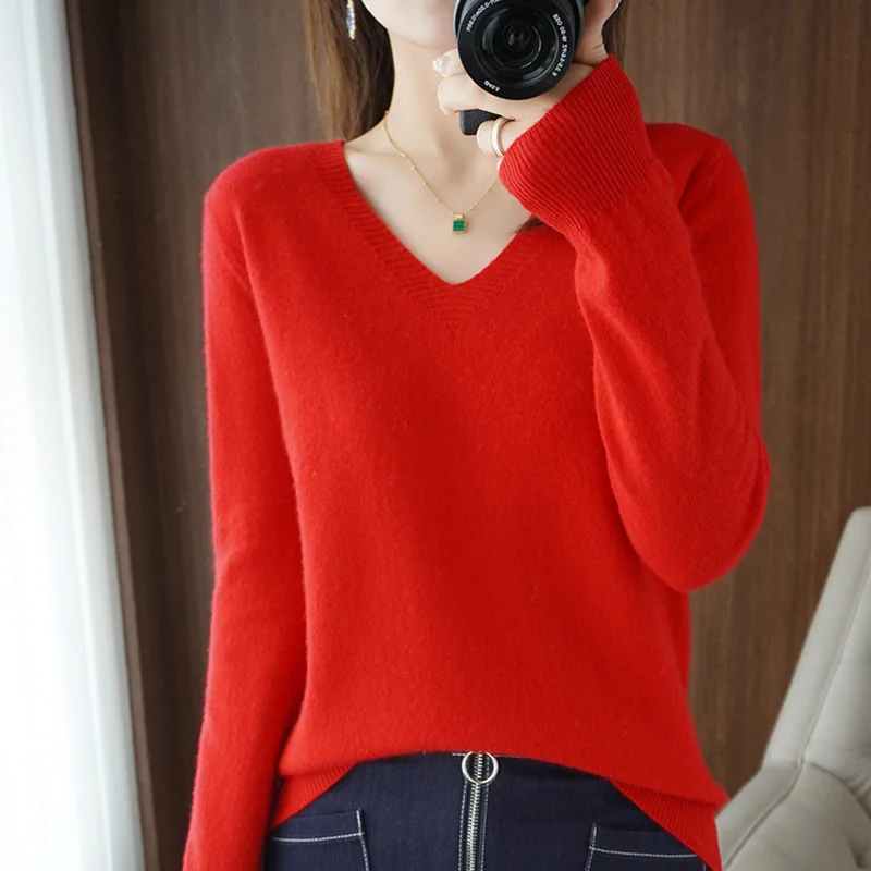 Autumn And Winter Cashmere Sweater New Women's V-neck Pullover Lace Neck Hollow Out Design Casual Knitted Long Sleeve Women's