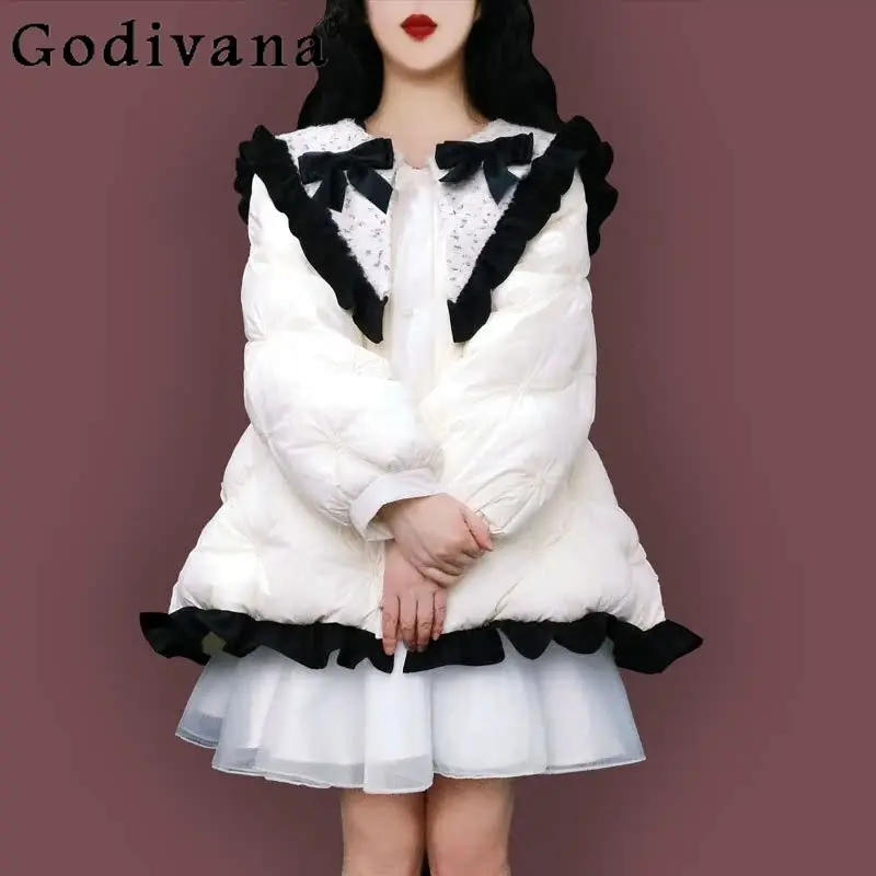

Japanese Style Sweet Cute Parkas for Women Ruffled Bow Doll Collar Loose Cotton Coat Female Lolita Bow Design Down Parkas