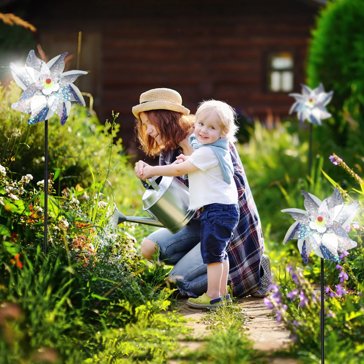 

2 Sets Bird Repellent Machine PVC PET Garden Tool Windmill Animal Banishment Scarecrow Silver Fruit Tree Protector Home