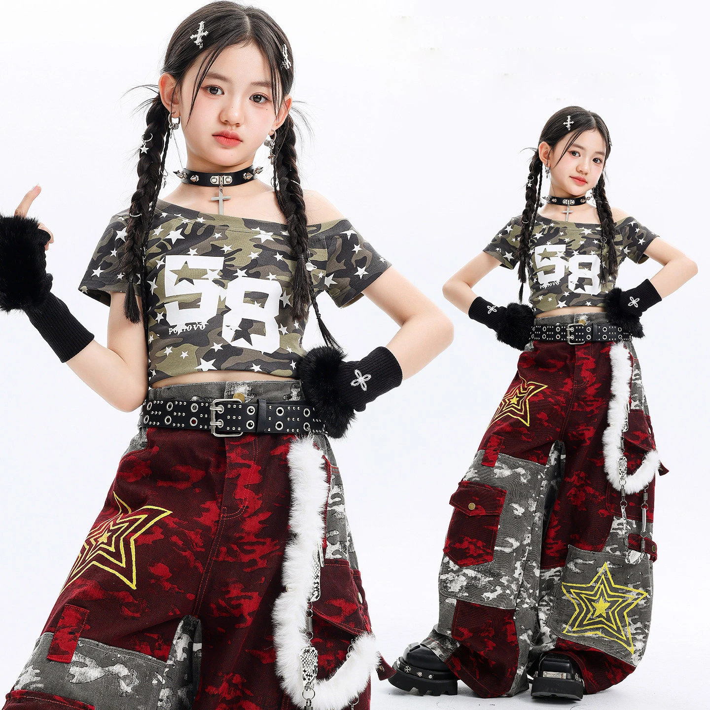 

Детская одежда в стиле K-pop и хип-хоп: камуфляжная футболка с звездами и асимметричным вырезом на плечах, серо-красные камуфляжные брюки с множеством карманов для девочек, костюмы для танцев
