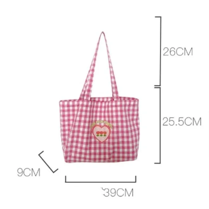 New Fashion Sweet Pink Blue Plaid Tulip Tote Bag Handbag with Phone Pouch Student Large Capacity School Bag Single Shoulder Bag