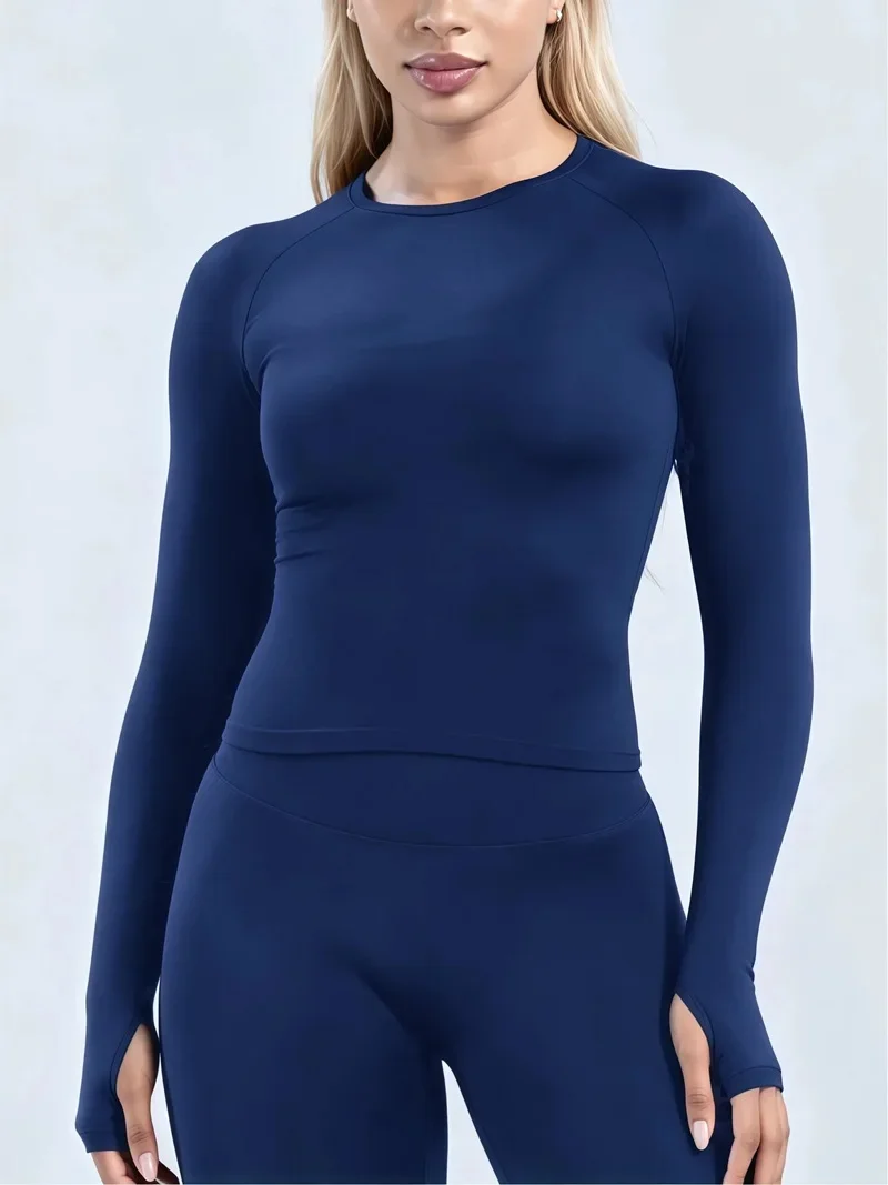Damen Langarm Yoga-Oberteil mit Rundhalsausschnitt, Raglanärmeln und Daumenlöchern, Slim Fit Cropped Workout-Shirt, Nahtlos Atmungsaktives Sport-Lauf-Gym-Top – Detail 17