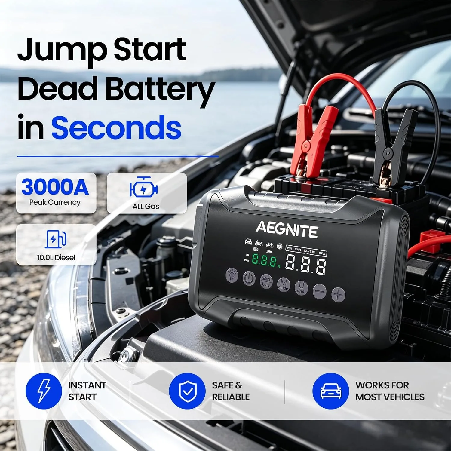5000A Peak Jump Starter 12V with 150PSI Air Pump, 7-in-1 Car Emergency Power Pack with LED Light Fit 9.0L Gas / 6.5L Diesel Car
