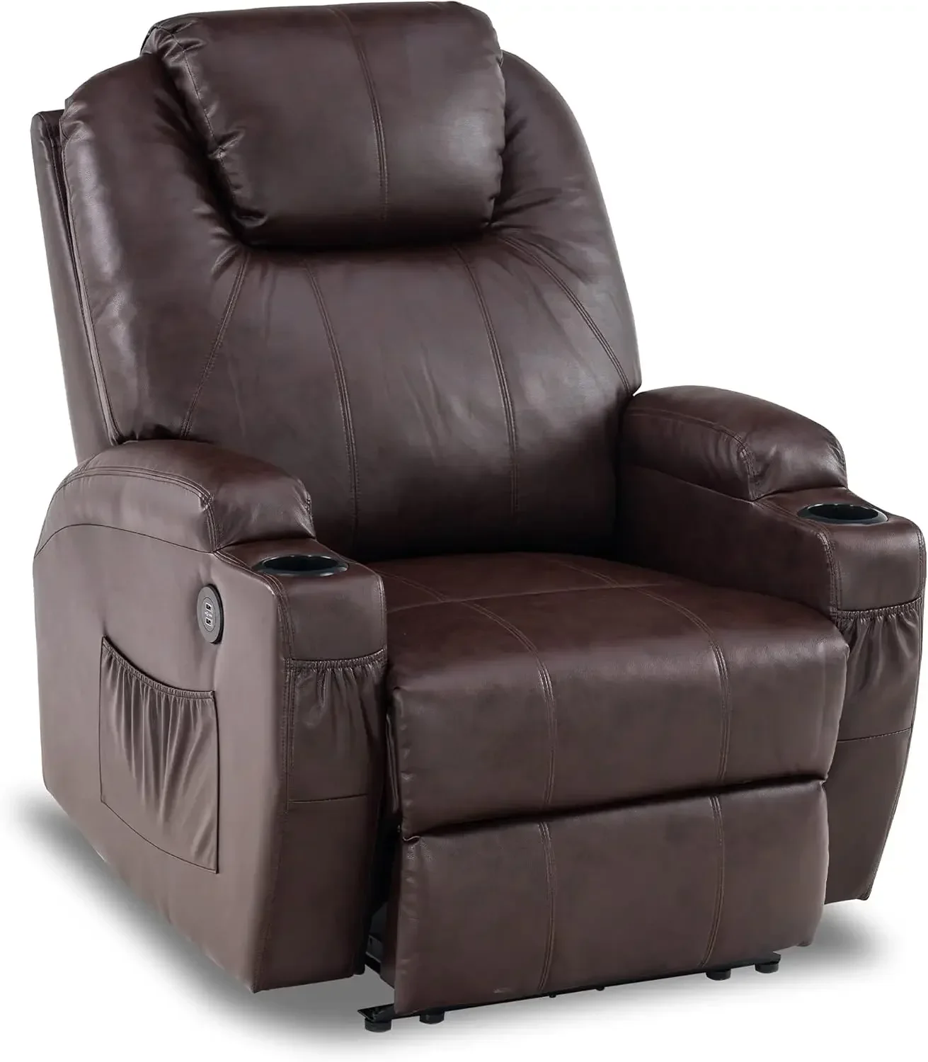 Electric Power Recliner Chair with Heat and Vibration, Footrest Extended, USB Charge Ports, 2 Side Pockets and Cup Holders