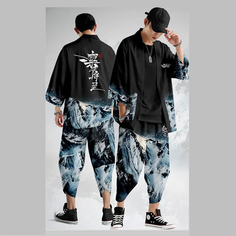 Two-piece Suit Big Size S-6XL Loose Japanese Cardigan Women Men Cosplay Yukata Clothing Harajuku Samurai Kimono + Pants Sets