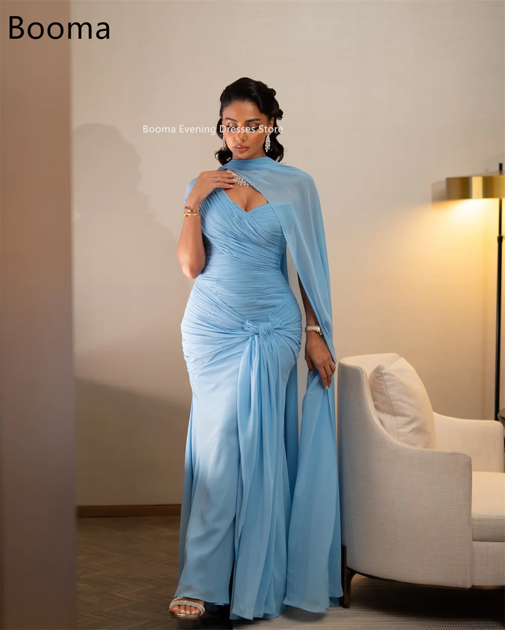 Booma حورية البحر قبالة الكتف الطية الأزرق الشيفون فساتين السهرة فساتين رسمية طويلة للنساء فساتين حفلات أنيقة مخصص