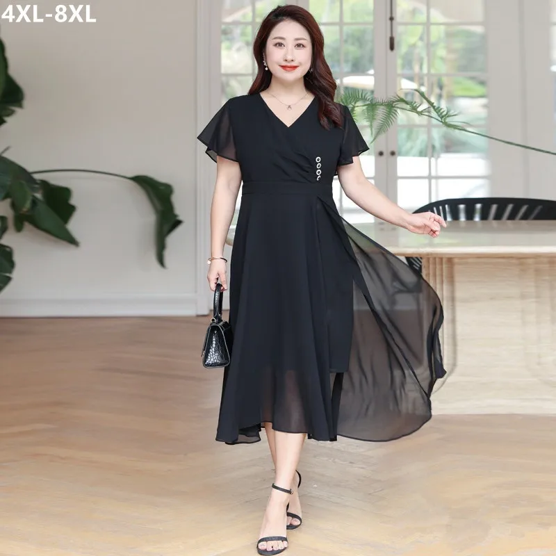 Elegante zwarte Jurk Vrouwen Lange Slanke Sexy V-hals Chiffon Plus Size 6XL 7XL 8XL Korte Mouw Kantoor Dame Vrouwelijke Koreaanse kleding