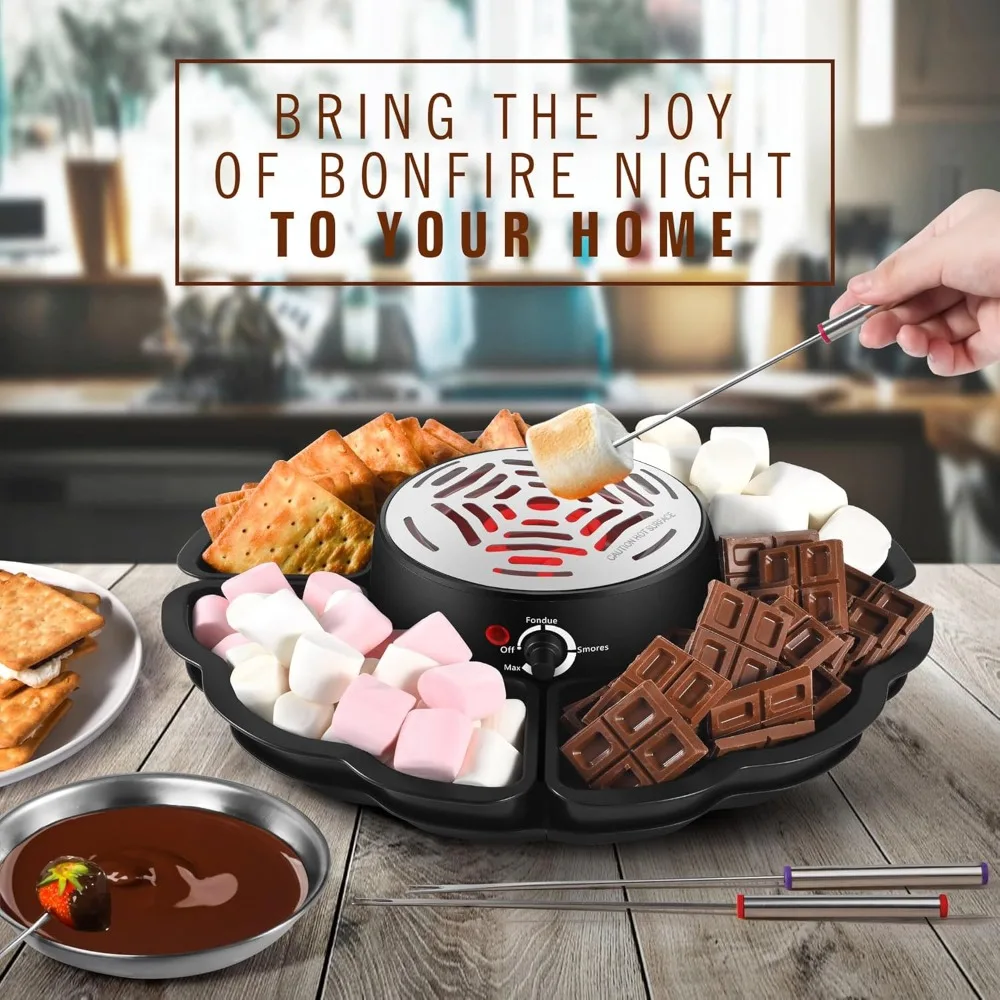 4 Roasting Forks Electric Marshmallow Roaster Heated Bowl Flameless 4 Detachable Trays Movie Night Supplies 2 In 1 Smores Maker