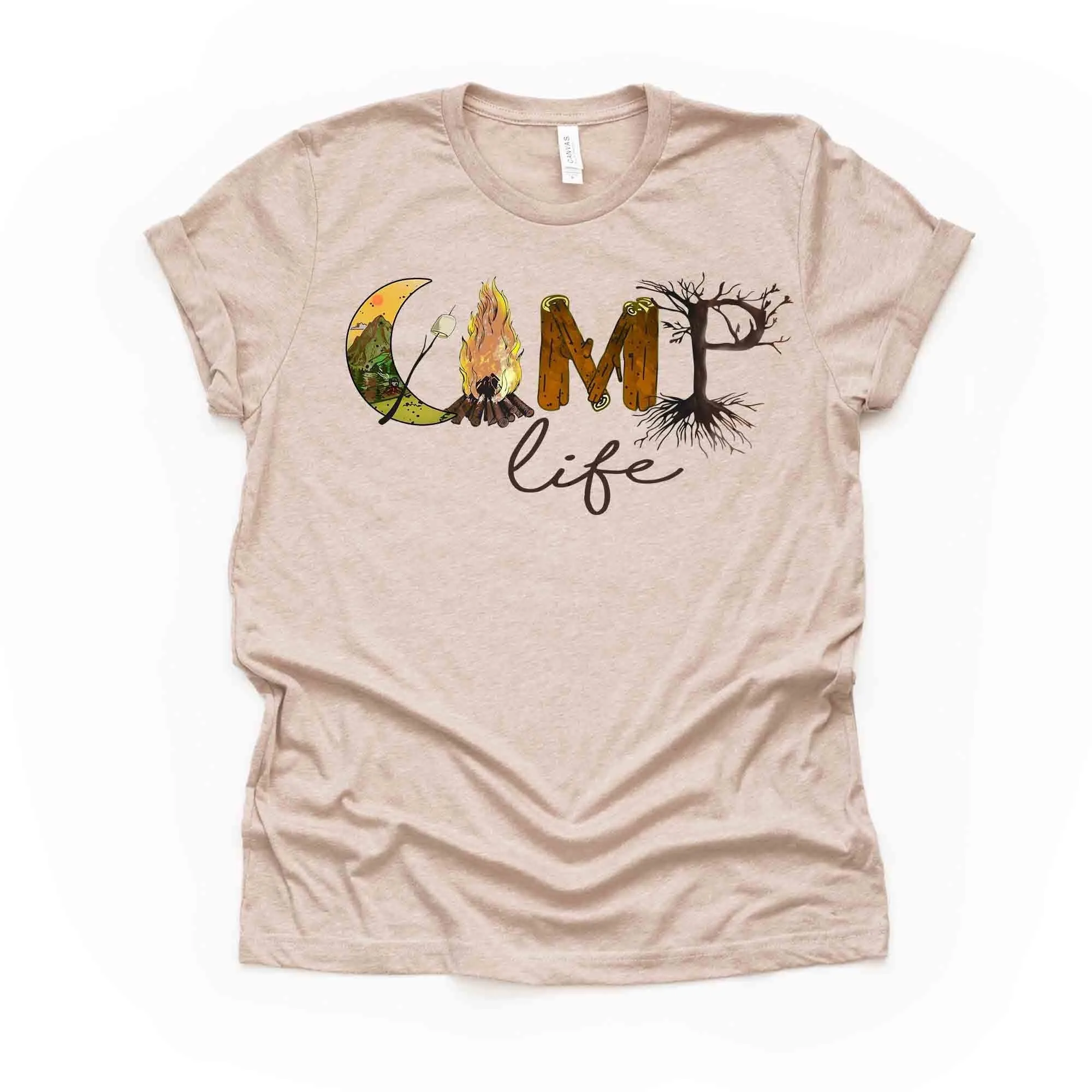 Fun Camping T Shirt Super Cute Camp Life Fire Design On Premium Unisex 4 Color Choices 3X 4X Plus Sizes