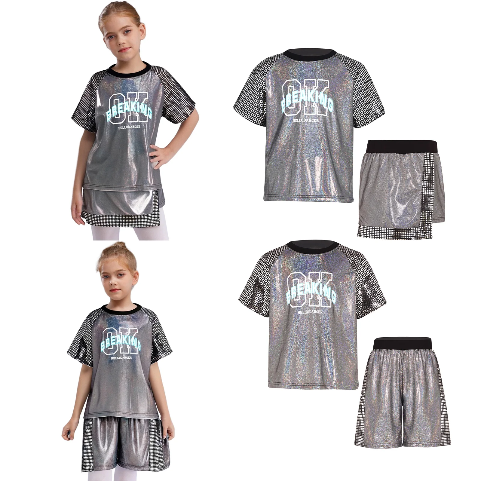 

Kid Boy Girl Sparkly Sequin Jazz Hip-Hop Street Dance Outfit Short Sleeve Metallic Top with Bottom for Stage Performance Party