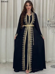 Siskakia Dubai Muslim Abayas Two Piece Set With Belt And Tape Trim V-Neck Mesh Long Dresses Moroccan Saudi Kebaya Fashion 2024