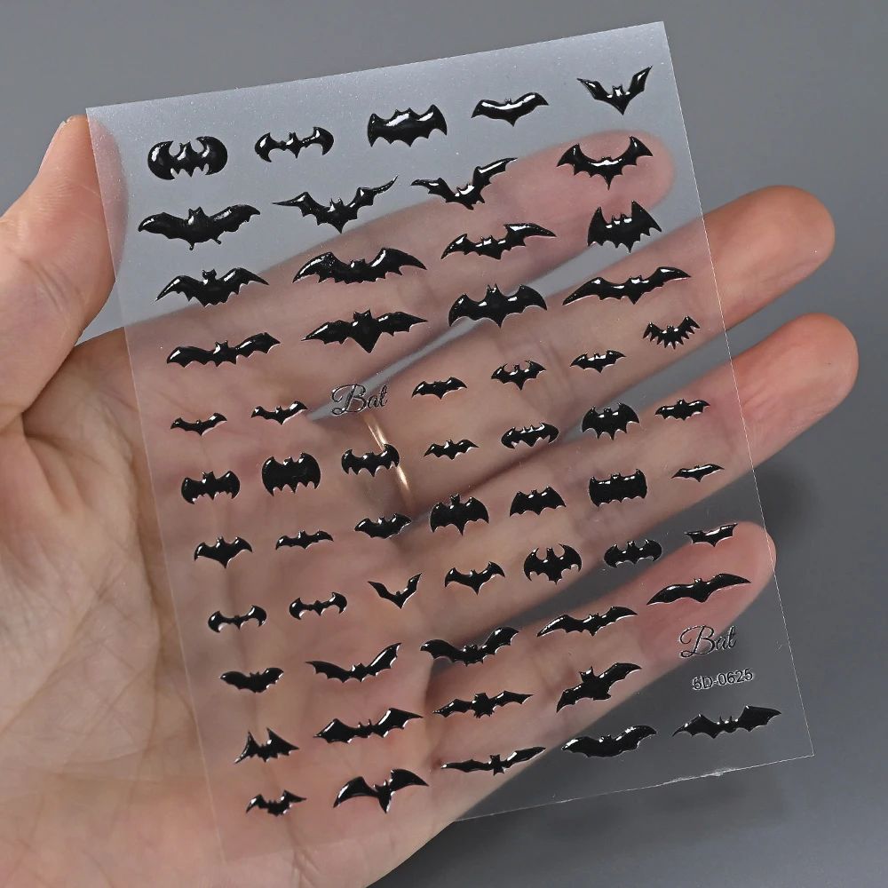 3/1Pcs 5D Embossied Black Bat Halloween Nail Stickers Mixed Size Delicate Gothic Vibe Pattern Adhesive Nail Decal Nail Sliders**