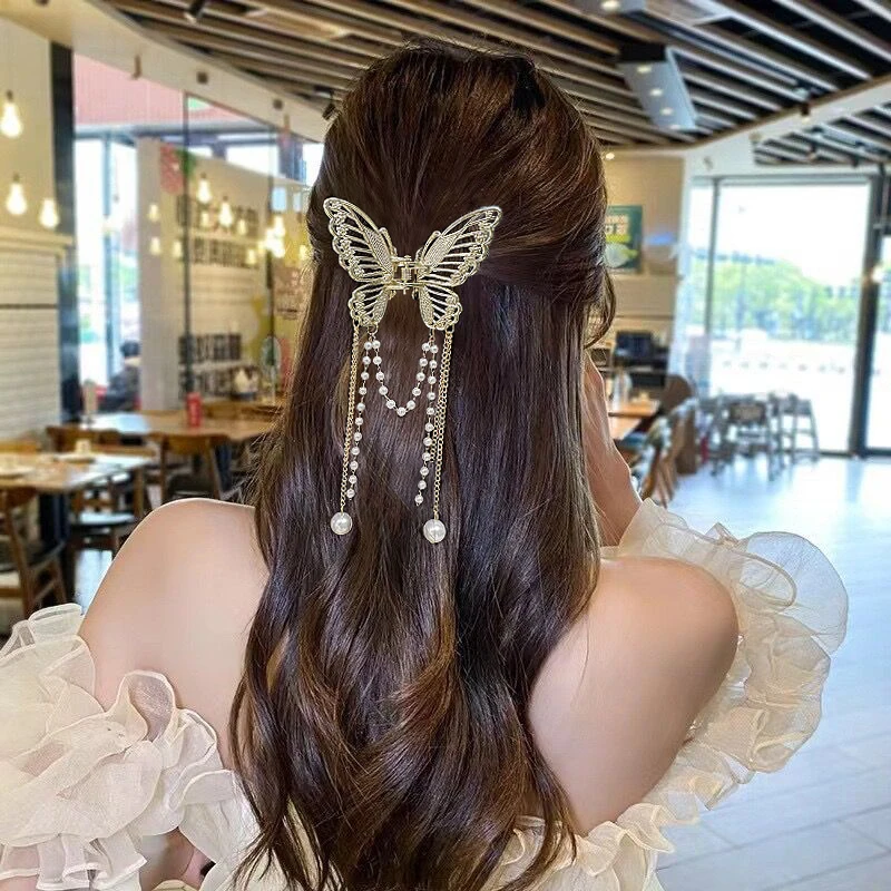 AWAYTR Pearl Tassel Butterfly Hair Claw Vintage Long Pendant Hair Clips Crab Barrette Headband Hairpin Elegant Hair Accessories