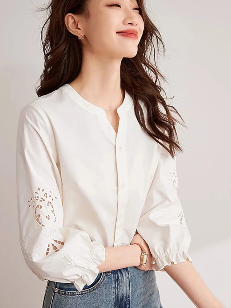 

Chic Hollow out Hook Flower irts Women's Sle Commute Korean Version Slimming Single Button Silk Blouse Faionable Top
