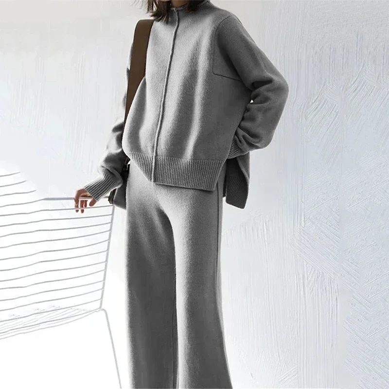 Autumn Winter Fashion Knitted Set Elegant Turtleneck Pullover + Pants Outfits Women Casual Long Sleeve Homewear Solid Loose Suit