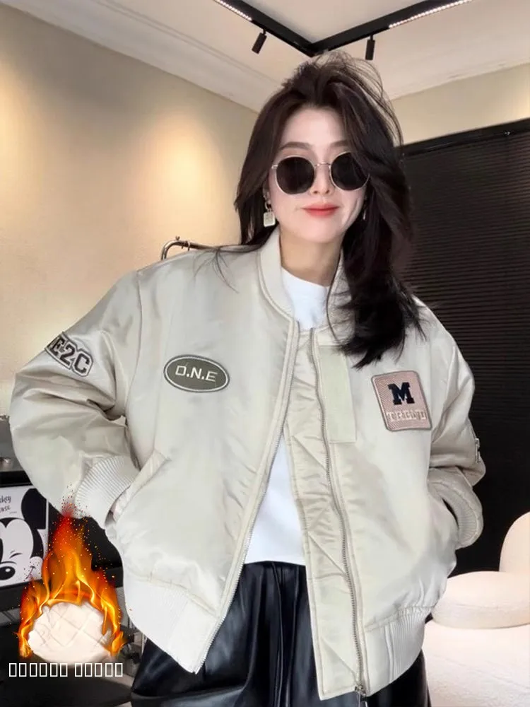 

American Retro Baseball Jaet Women's Spring Autumn Thiened ort Cotton Lined Label Jaet Sli Commute Sle Outerwear