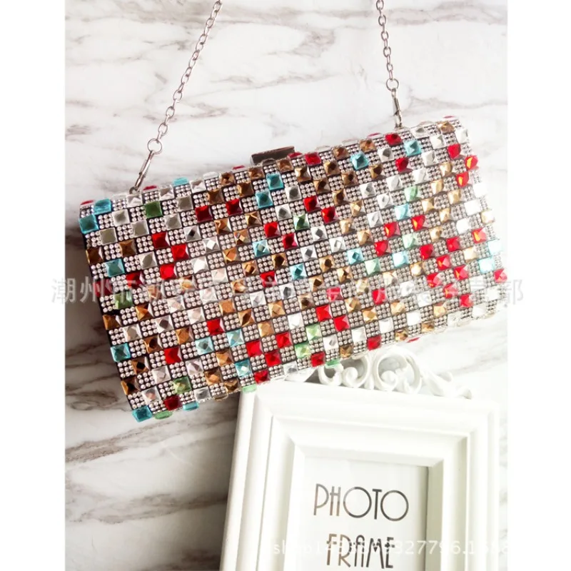 

High-end Colored Gem Diamond Dinner Bag Women's Luxury Party Banquet Evening Dress Chain Shiny Rhinestone Clutch Bag Bolso Mujer
