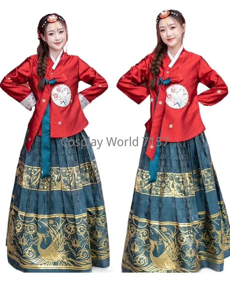 Women Elegant Korean Traditional Hanbok Light Purple Floral Embroidery Top Pink Gold Jacquard Skirt Palace Princess Costume