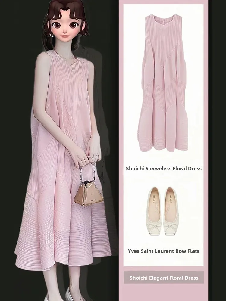 

Loose Casual Women's Dress New Folded Straight Tube Style Polyester Fiber Summer Fashion Trend Versatile Midi Length Dress