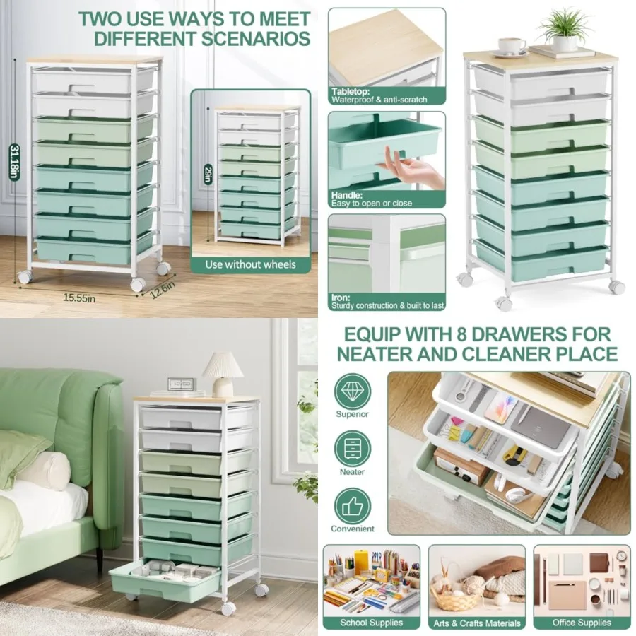 

Тележка для хранения с 8 ящиками, универсальная тележка с белыми ящиками и деревянной столешницей, тележка для рукоделия, органайзер для учителей для класса, размер S