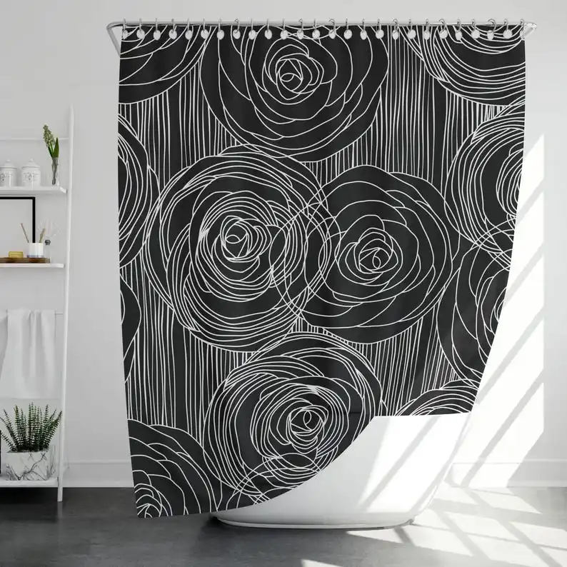 Black and White Rose Line Art Shower Curtain, Modern Abstract Floral Bathroom Decor Gothic Minimalist, Custom Size Waterproof