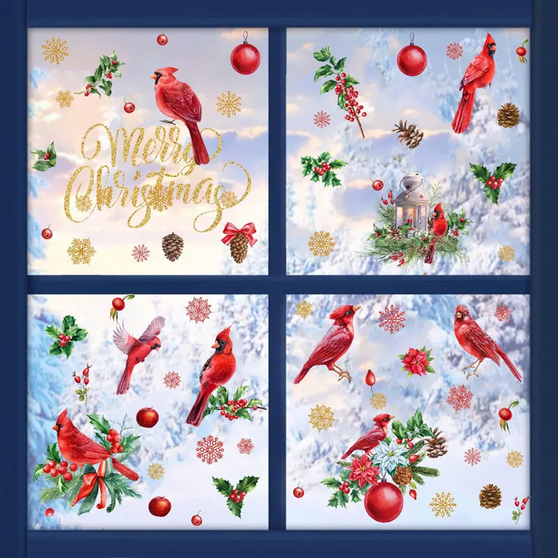 Christmas Wall Stickers Red Fruits Red Birds Window Stickers Festive Atmosphere Decorations PVC Stickers Festive Happy Letters