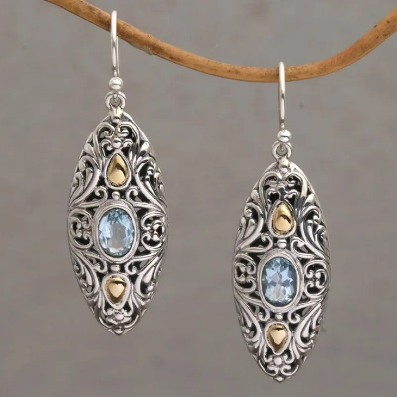 Pendientes Colgantes de Circonita Azul Sintética de Estilo Étnico Retro, Elegantes para Mujer, Pendientes de Gancho para Banquete, Accesorios de Joyería