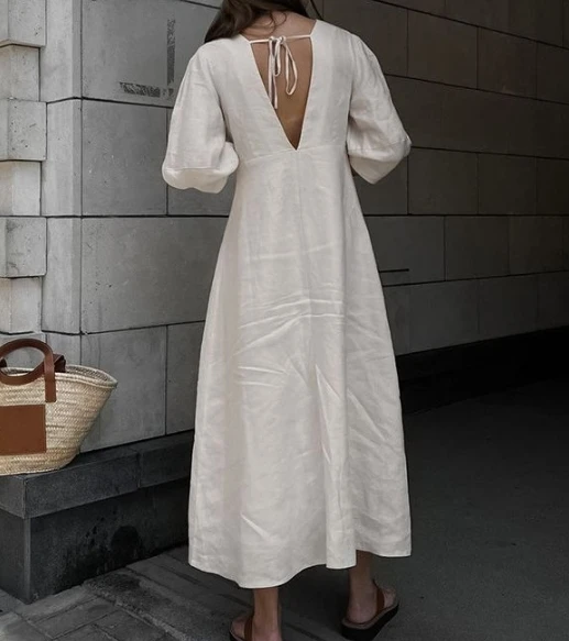 エレガントな女性のドレスフレンチアーバンコットンリネンレースアップ V ネックバブルスリーブドレス女性のカジュアルルーズシャツロングドレス
