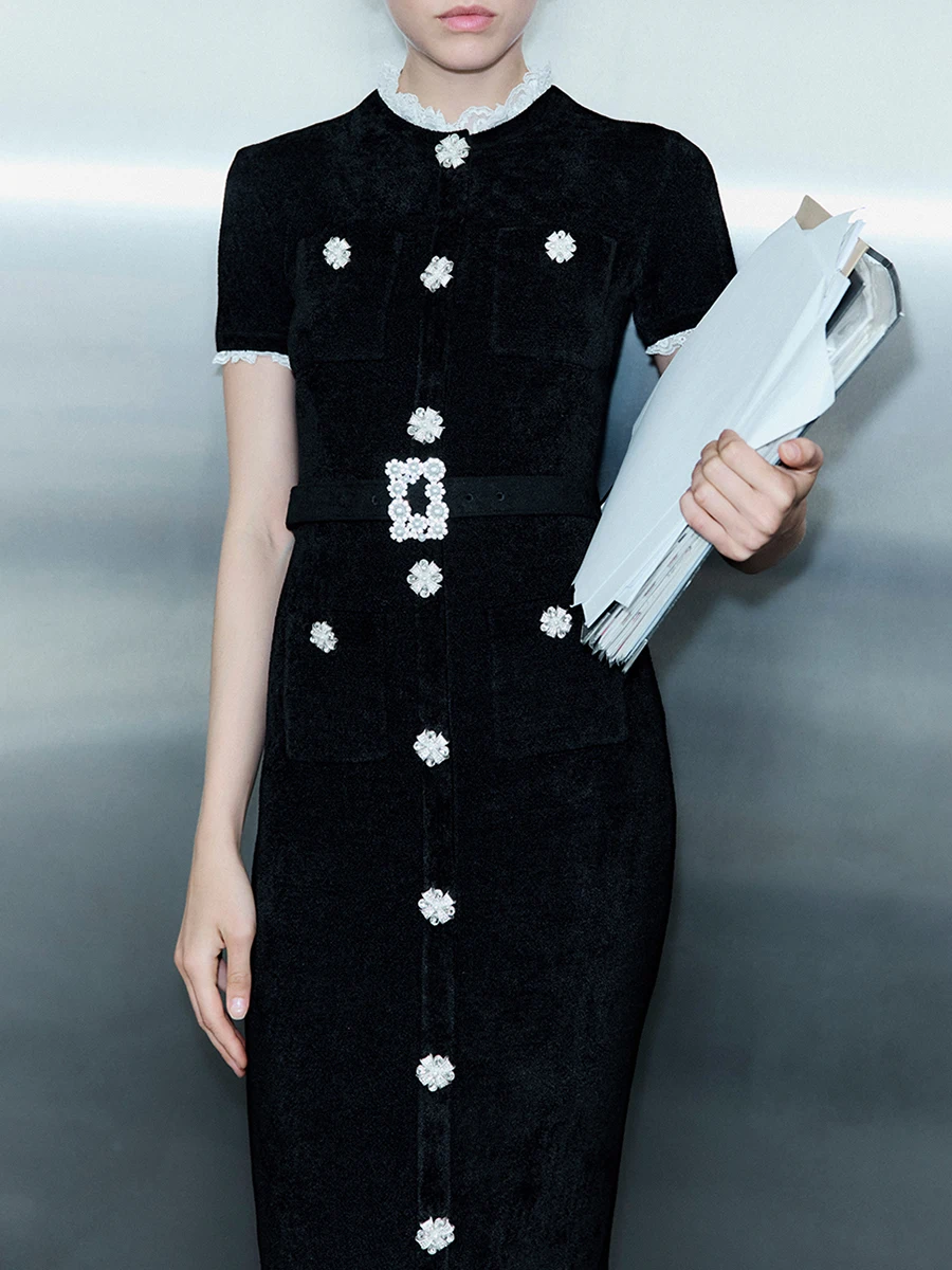 VGH Temperament Vintage Slimming Solid Dresses For Women Round Neck Short Sleeve High Waist Elegant Dress Female Fashion Style