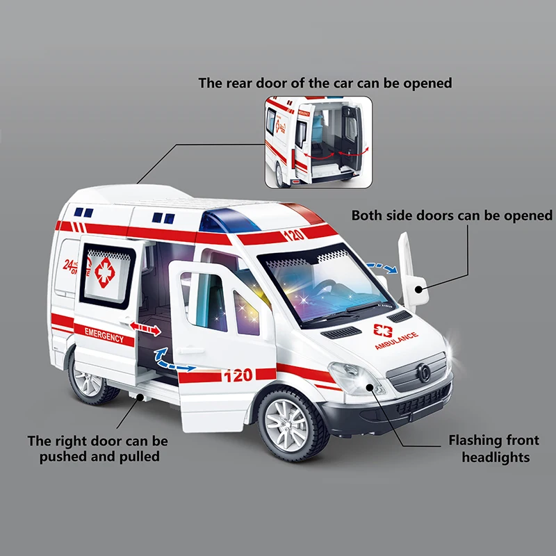 1PC Boys Toys 1:32 Mini Car Diecast Ambulance Fire-Truck Policecar Model Sound And Light Vehicle Simulation Collection Gifts