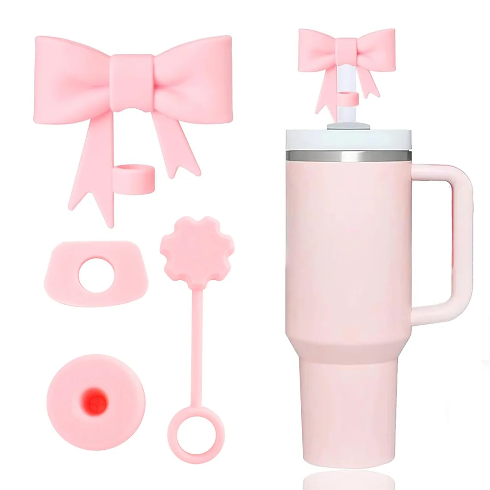 4Pcs Pink Bow Straw Covers Cap Toppers for Stanley Cup Accessories 30&40 oz Tumbler Reusable Silicone Spill Proof Stopper