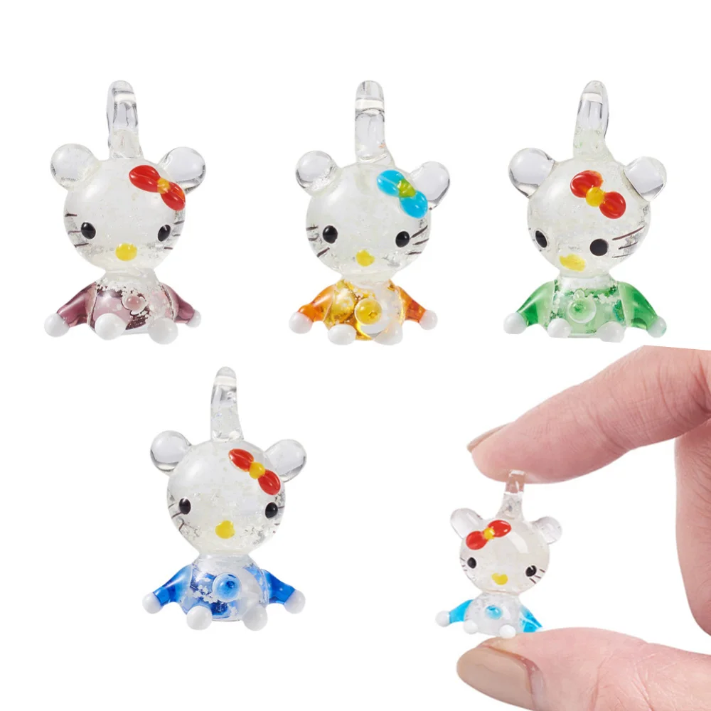 5Pcs Lampwork Murano Pendants Luminous Cute Cat Glass Lampwork Charms for Jewelry Making Handmade Necklace DIY