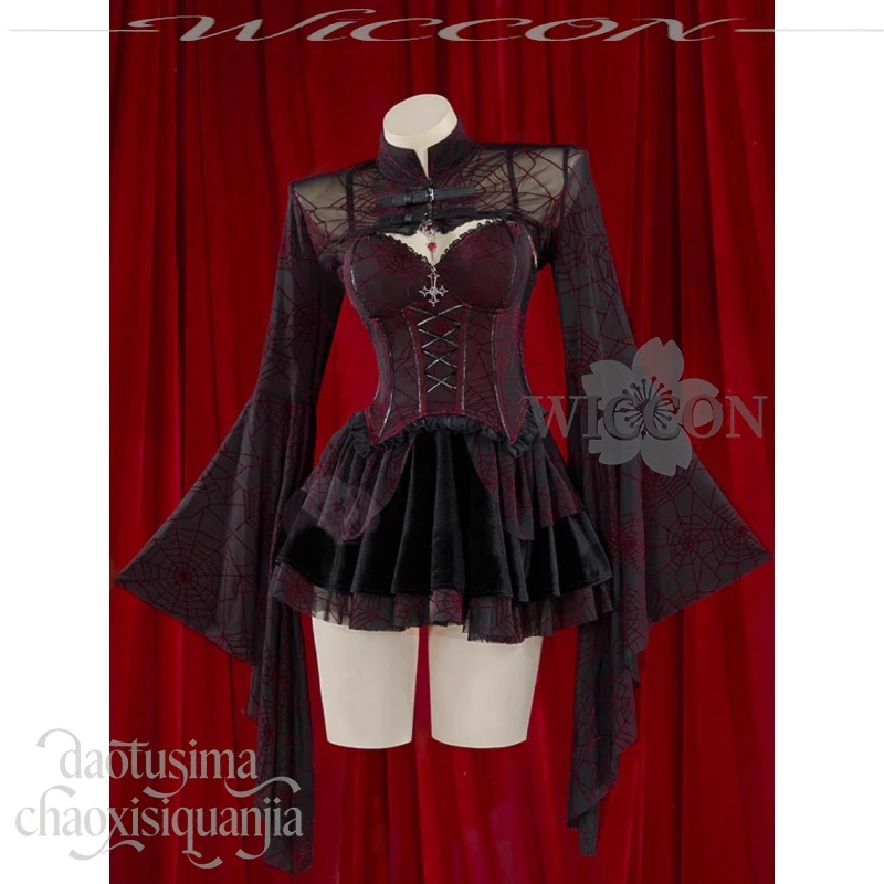 فستان Jirai Kei Gothic قصير أحمر أسود مخملي بحزام شبكي عنكبوت تصميم أصلي للفتيات ملابس أنشطة الهالوين وأعياد الميلاد