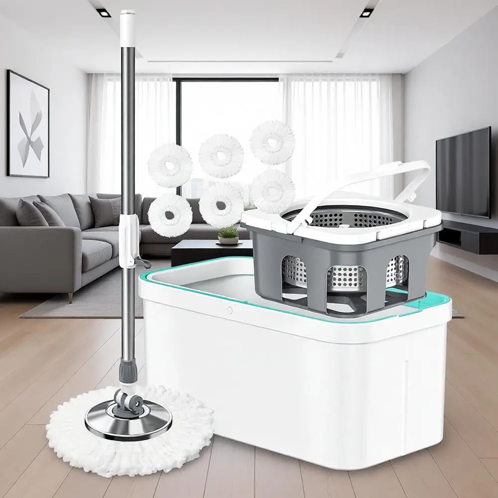 

5-Gallon Mop Bucket with Wringer, Extra 6PC Mop Heads, Detachable Splash Guard, Extendable Silent Handle