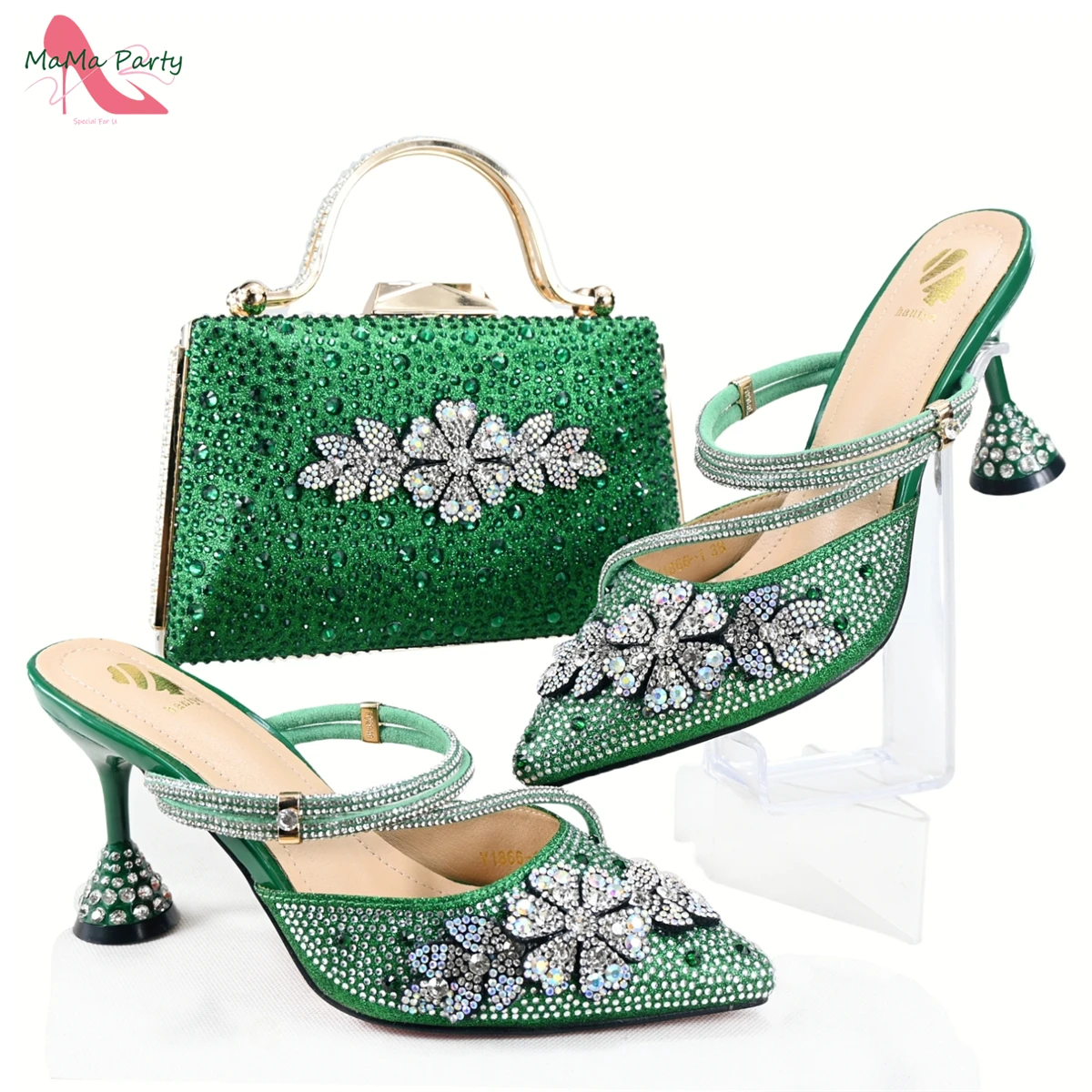 Green Color Autumn Winter INS Hot Sale Italian Women Mature Style Shoes Matching  Bag Set in for Garden Party