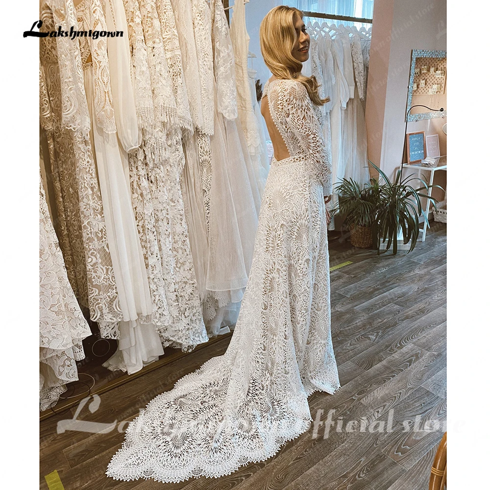 Lakshmigown Spitzen-Brautkleider mit langen Ärmeln, A-Linie, maßgeschneiderte Roben, sexy Brautkleider, Strand-Boho-Hochzeitskleider, rückenfrei – Detail 5