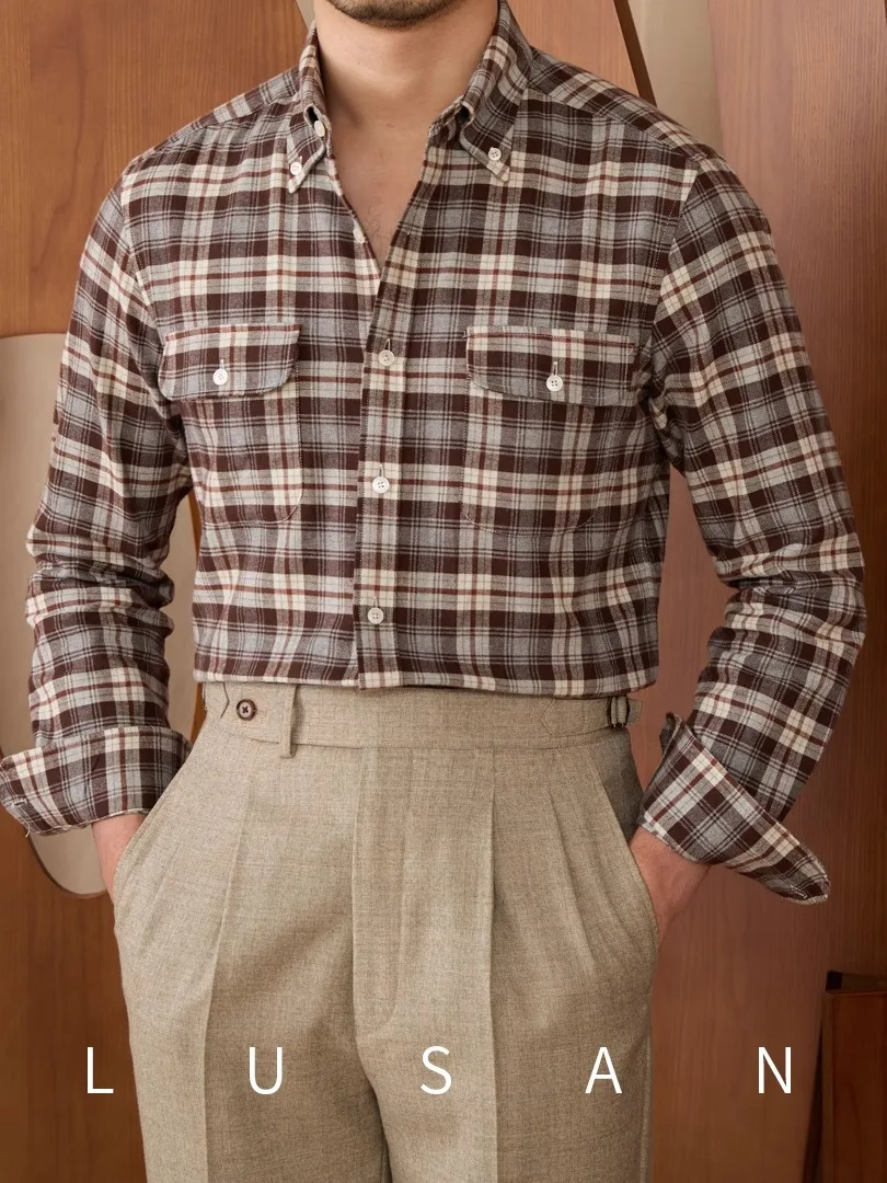 

Men's Cotton Wool Flannel Shirt | Italian Retro Checkered Top | Long Sleeve Autumn Winter | Gentleman's Casual Stylish Wear