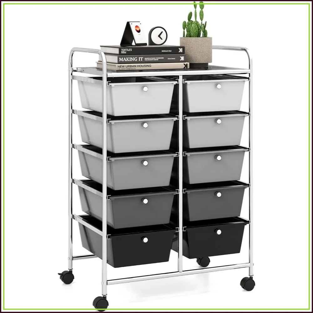 10 Drawer Rolling Storage Cart on Wheels with Metal Frame for Living Room, Classroom, Office