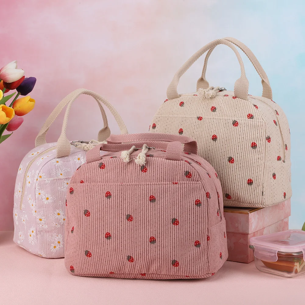 Cute Corduroy Lunch Bag for Women Reusable Insulated Lunch Box Large Capacity Reusable Insulated Cooler for Work Picnic Travel